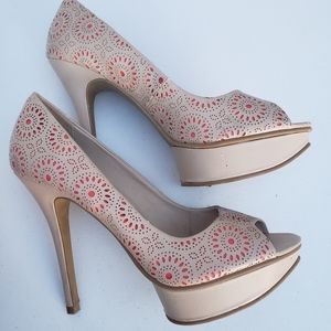 Nude/Pink Laser Cut Elle Peep Toe High Heels Sz9.5